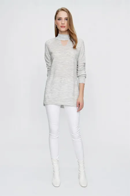 Kadın Gri Önü Pencereli Triko Kazak