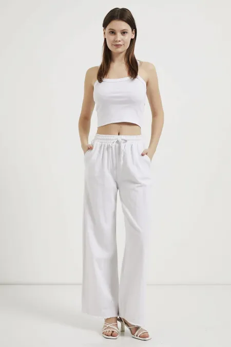 Women's White Wide Leg Trousers with Tie Waist