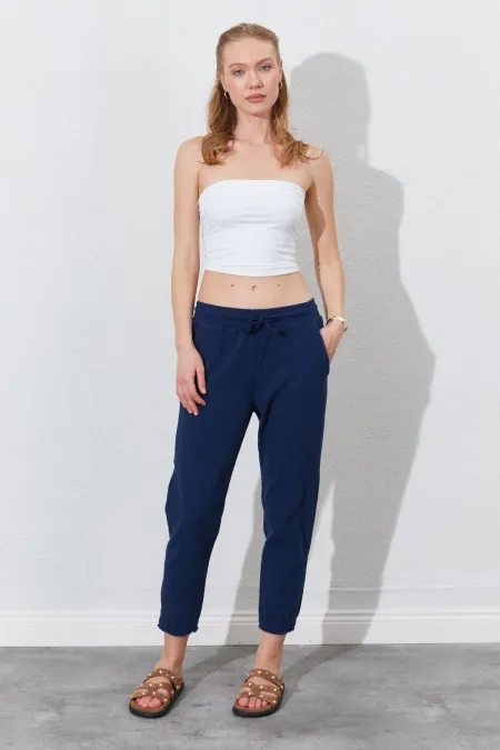 Women's Navy Blue (6813) Gabardine Trousers with Dirty Stitching