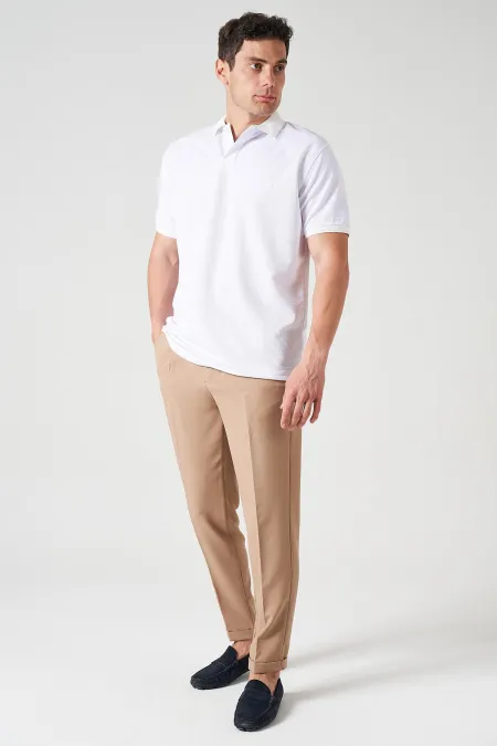 Men's Beige, Half-Elastic Waist, Single Pleat, Double Hem, Diamond Fabric Trousers
