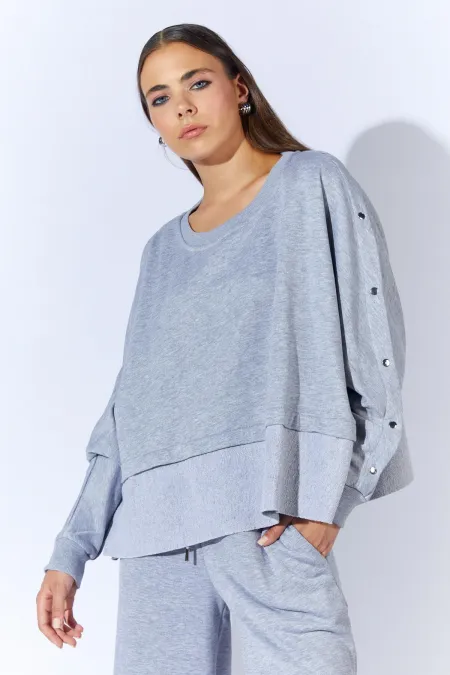 Women's Grey Melange Crew Neck Sweatshirt with Snap Button Sleeves and Dropped Shoulders