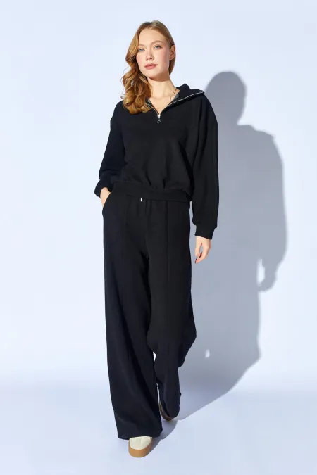 Kadın Siyah Yaka Fermuarlı Dikiş Detaylı Selanik Takım