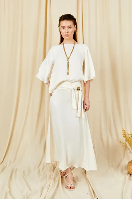 Kadın Krem 9090 Kısa Kollu Düşük Kollu Eteği Gold Tokalı Saten Takım