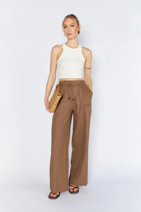 Kadın Kahverengi Bol Paça Dışarıdan Cepli Keten Pantolon