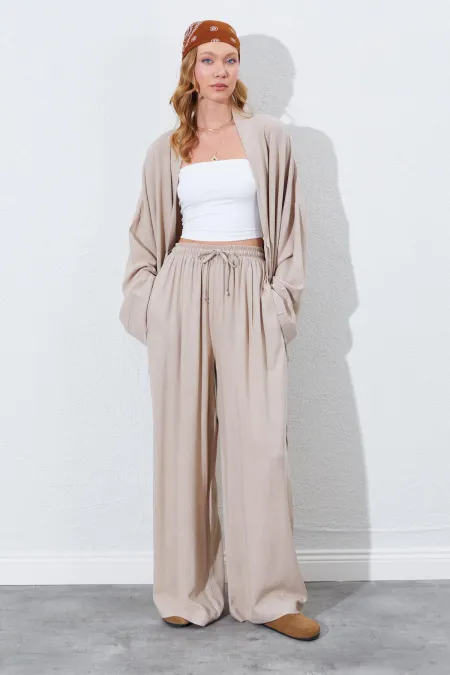Kadın Koyu Bej Beli Lastikli Palazzo Keten Pantolon