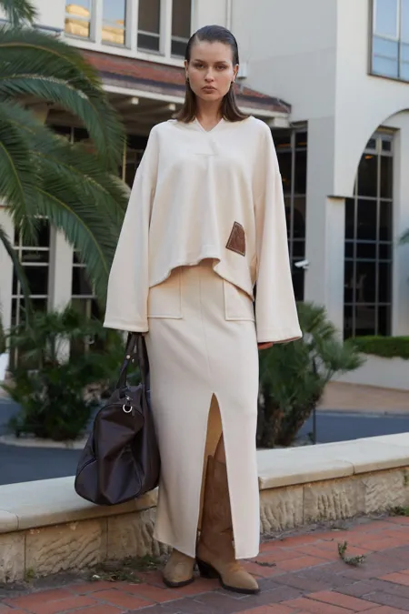 Kadın Tereyağ V Yaka Kapşonlu Yırtmaçlı Etek Selanik Takım