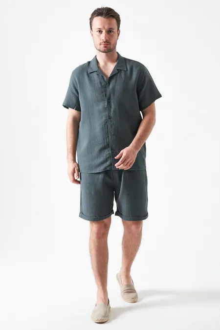 Erkek Çam Yeşili Baggy Double Paça Müslin Şort