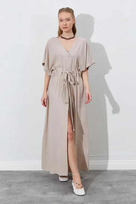Kadın Koyu Bej Düşük Kol Beli Tünel Kemerli Keten Uzun Elbise