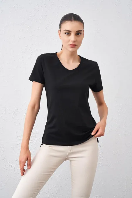 T-shirt basique noir côtelé à col en V pour femme