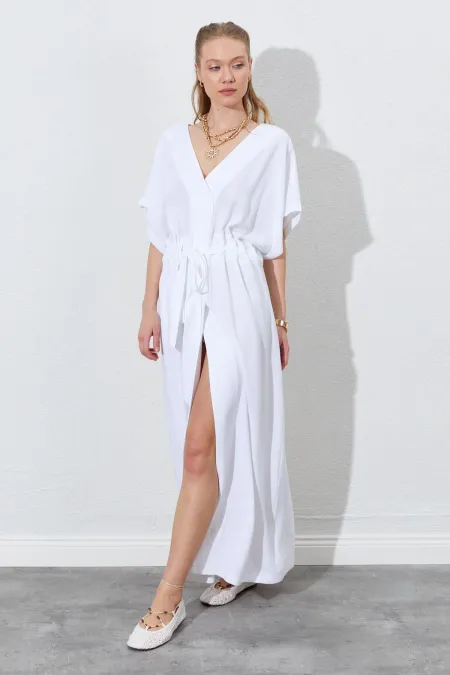 Kadın Beyaz Düşük Kol Beli Tünel Kemerli Keten Uzun Elbise