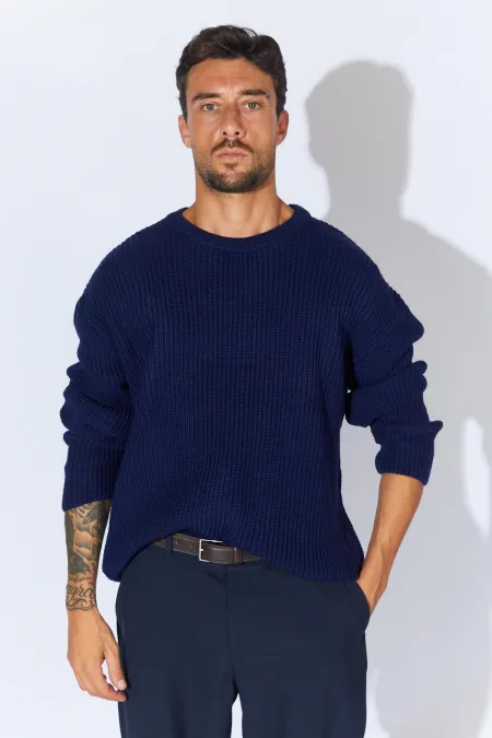 Pull en maille à col rond bleu marine pour homme (TRZ050)