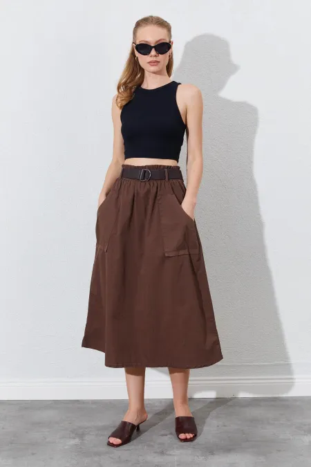 Kadın Kahve Palaska Kemerli Önü Cepli Gabardin Etek