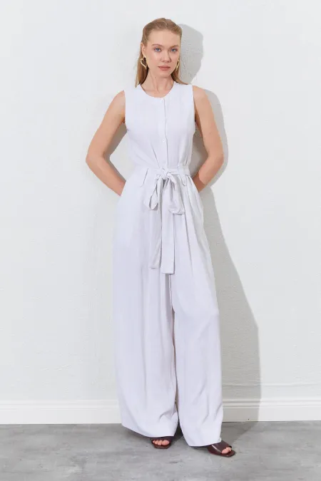 Kadın Naturel Kolsuz Kuşak Bağlamalı Double Paça Tulum