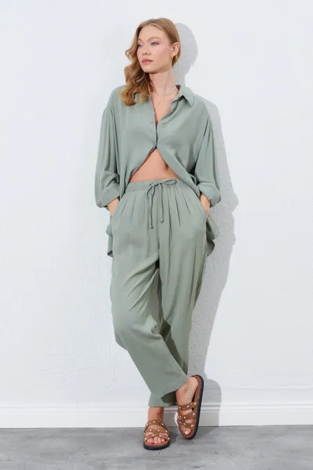 Kadın Haki Beli Lastikli Havuç Kesim Keten Pantolon