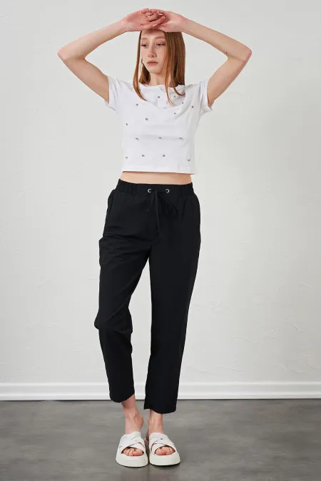 Kadın Siyah Beli Bağlamalı Havuç Paça Poplin Pantolon