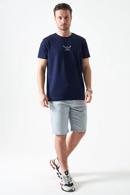 Erkek Mavi İp Bağlamalı Arka Çıtçıt Kapaklı Beş Cep Capri