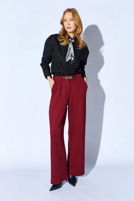Women's Burgundy Wide-Leg Wool Effect Trousers with Internal Belt