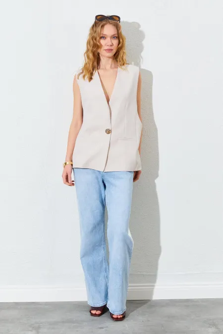 Kadın Bej Tek Düğmeli Oversize Yelek