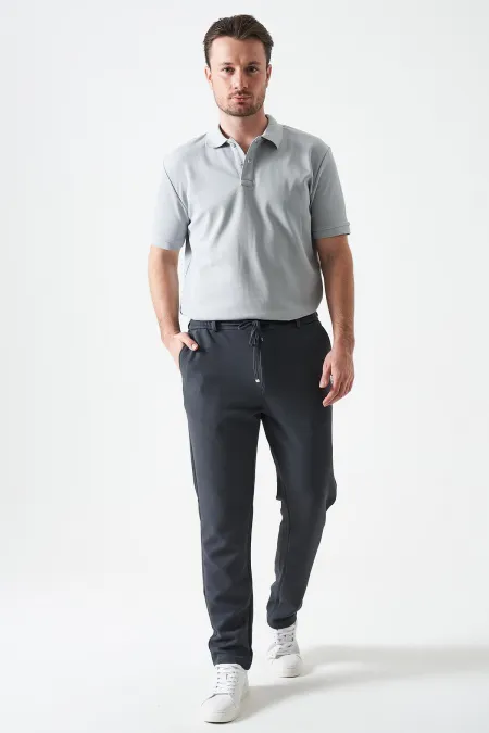 Erkek Antrasit Beli Yarım Lastikli Mendi Örme Jakar Pantolon