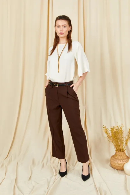 Women's Dark Brown 3523 Pocket-Look Double Welt Belted Jogger Pants