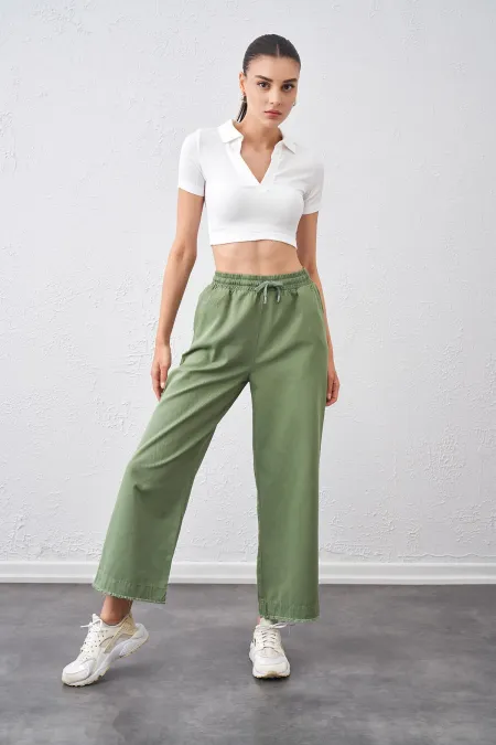 Kadın Haki Beli Bağlamalı Geniş Piş Dikişli Paça Pantolon