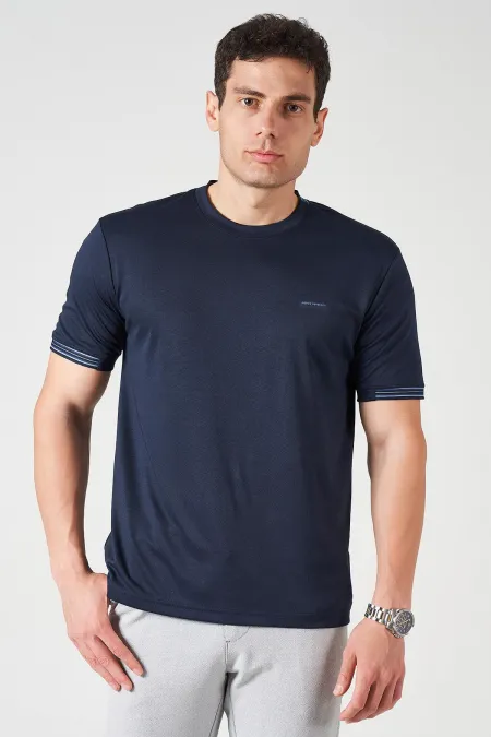 Erkek Lacivert Bisiklet Yaka Kol Yaka Şeritli Kagi Kumaş Tişört