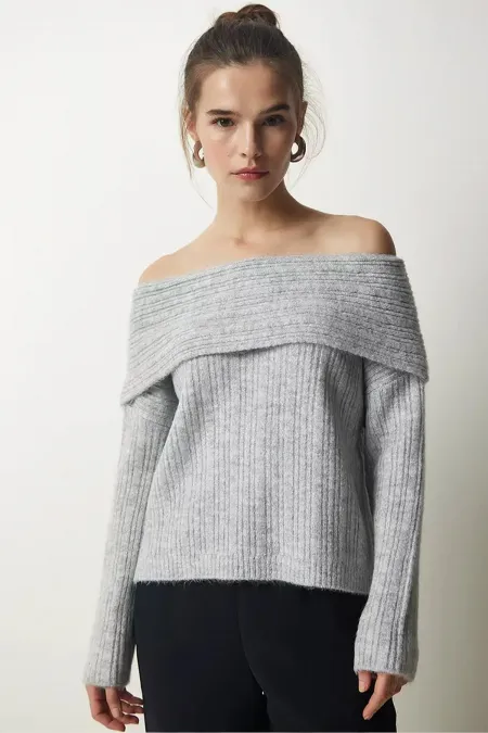 Kadın Gri Degaje Yaka Fitilli Triko Kazak