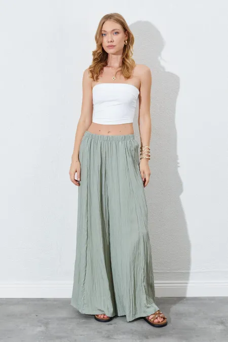 Kadın Çağla Beli Lastikli Bol Paça Kırışık Pantolon