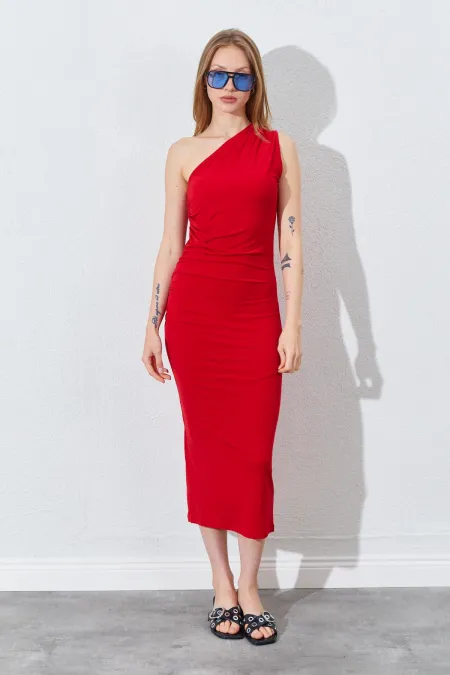 Kadın Kırmızı Tek Omuz Yanı Drapeli Sandy Elbise
