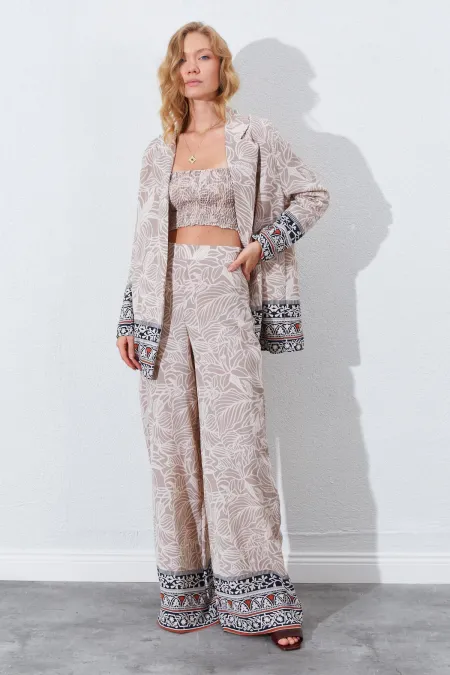 Kadın Vizon Croplu-Palozzo Pantolonlu Desenli Takım