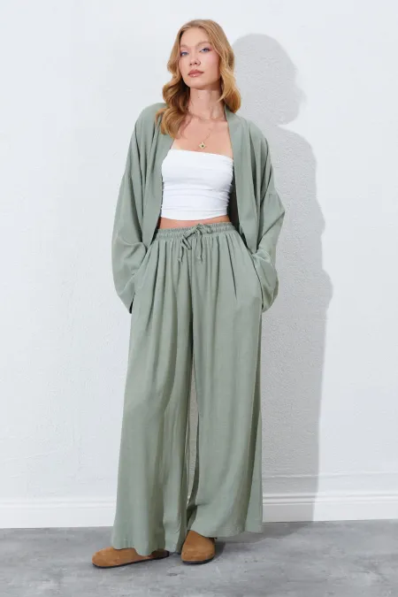Kadın Haki Beli Lastikli Palazzo Keten Pantolon