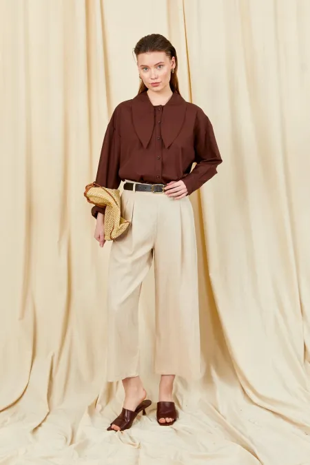Women's Natural Belt Detail Double Pleated Bemuda Linen Trousers