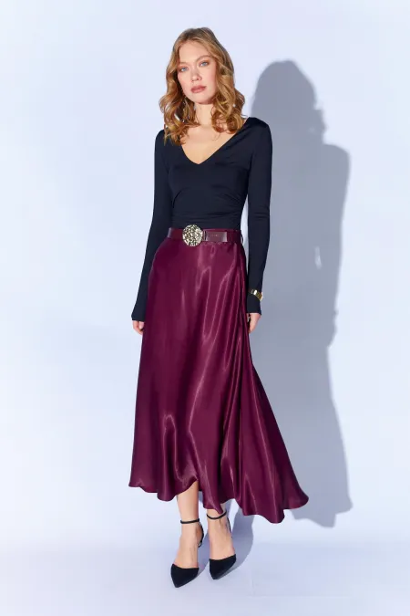 Jupe longue en satin ceinturée prune 3499 pour femme