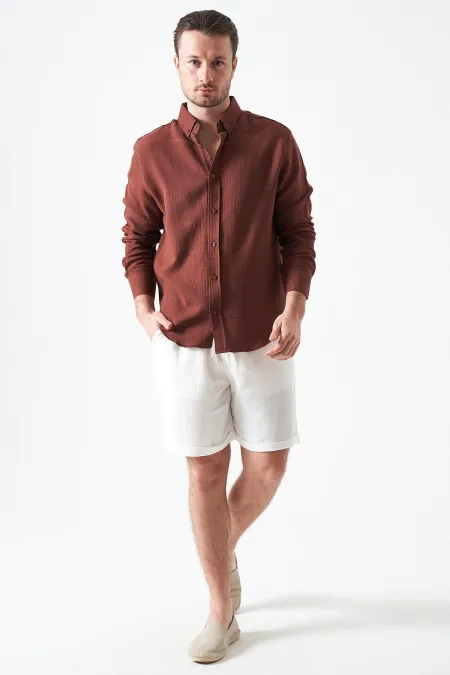 Erkek Ekru Baggy Double Paça Müslin Şort