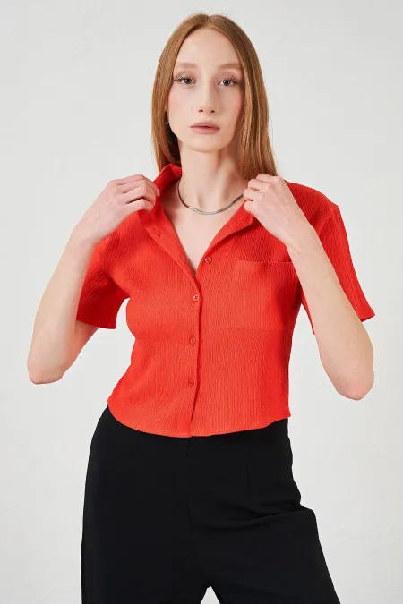 Kadın Nar Bürümcük Tek Cep Crop Gömlek