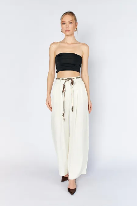 Kadın Krem Beli Fular Kemerli Floş Saten Bol Paça Pantolon