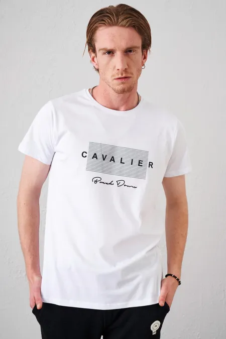 T-shirt blanc à col rond pour homme avec imprimé cavalier