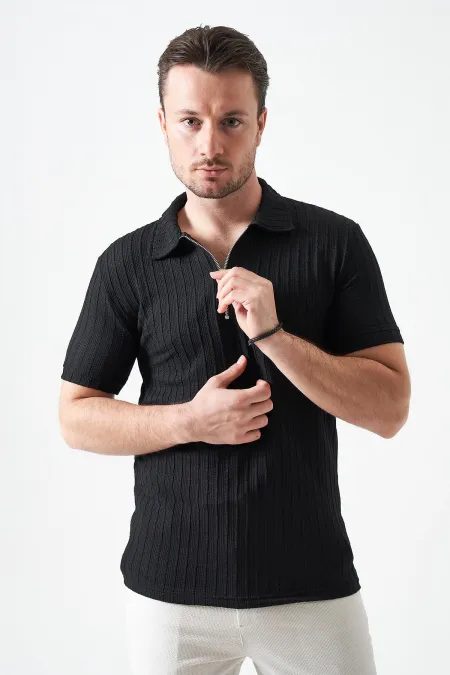 T-shirt noir pour homme à col montant et fermeture éclair, en jacquard épais