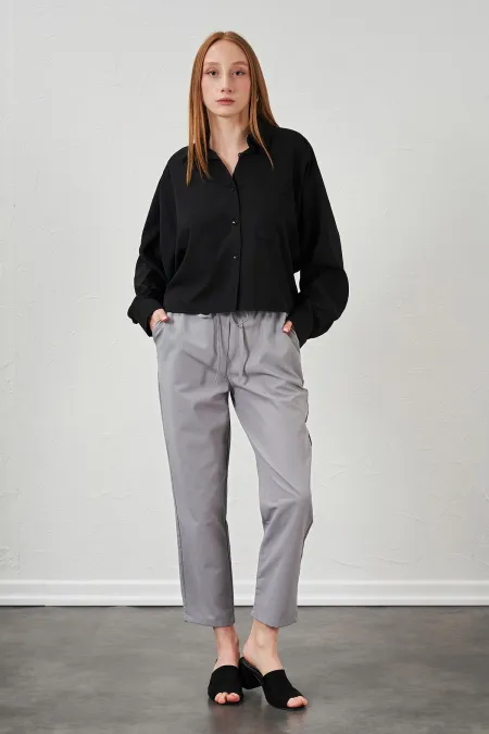 Kadın Gri Beli Bağlamalı Havuç Paça Poplin Pantolon