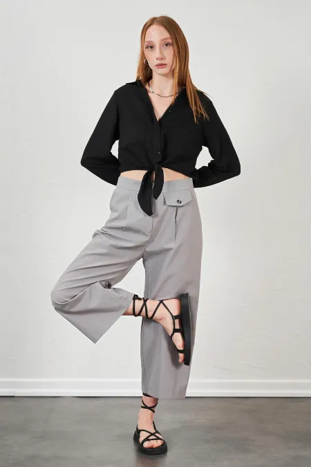 Kadın Gri Kısa Palazzo Poplin Pantolon