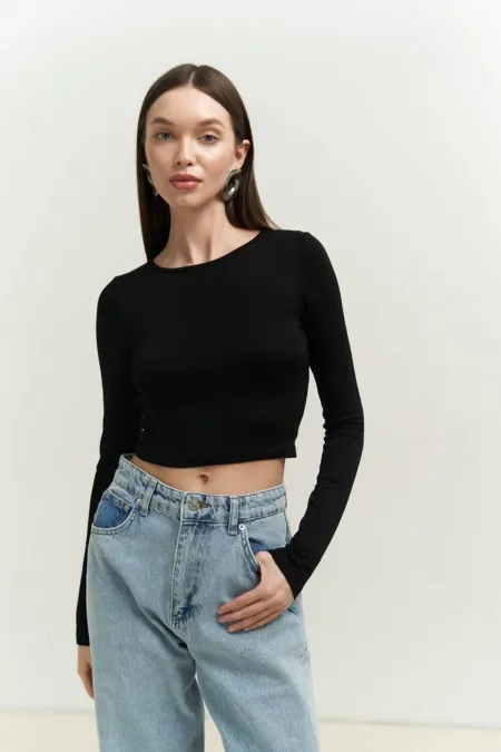 Kadın Siyah Uzun Kollu Bisiklet Yaka Crop Bluz