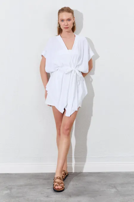 Kadın Beyaz Düşük Kol Kuşaklı Kimono