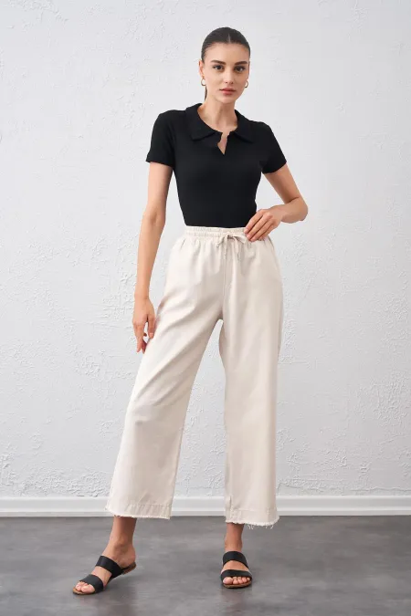 Kadın Taş Beli Bağlamalı Geniş Piş Dikişli Paça Pantolon