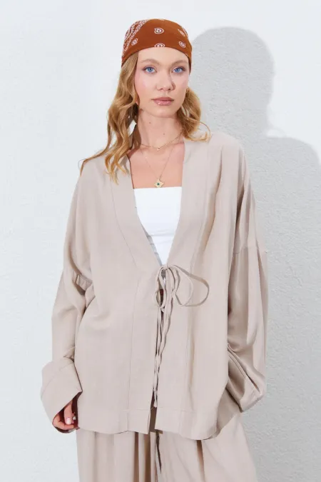 Kadın Koyu Bej Önü İp Bağlamalı Kimone Ceket