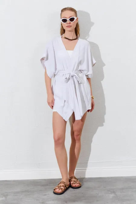 Kadın Naturel Düşük Kol Kuşaklı Kimono