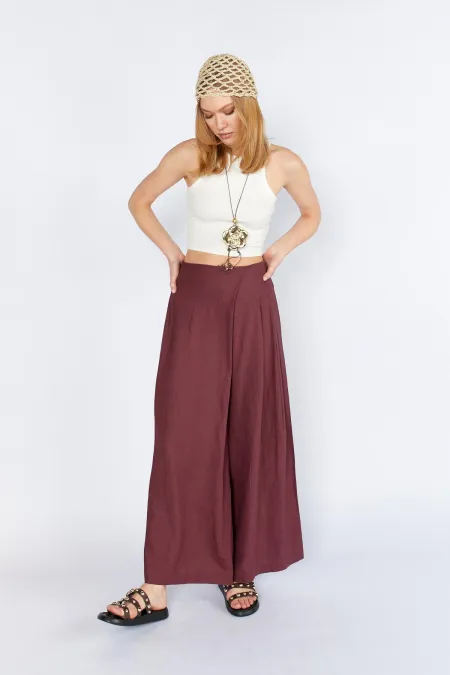 Kadın Bordo Anvelop Model Keten Pantolon