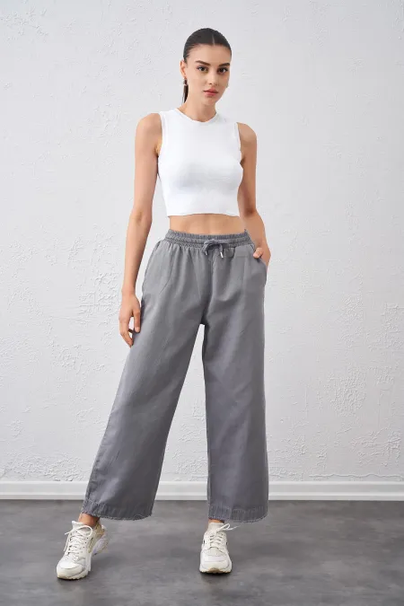 Kadın Gri Beli Bağlamalı Geniş Piş Dikişli Paça Pantolon