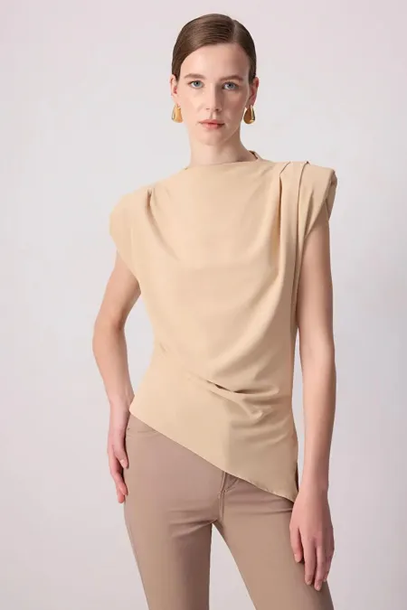 Kadın Vizon 7034 Omuzları Drapeli Vatkalı Asimetrik Bluz