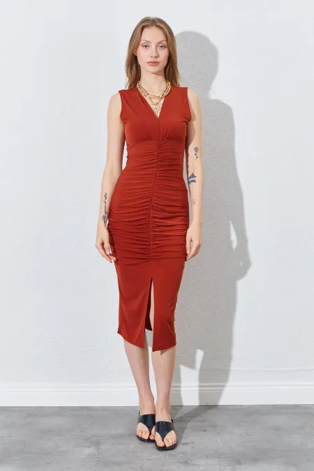 Kadın Kiremit V Yaka Drapeli Kolsuz Sandy Elbise
