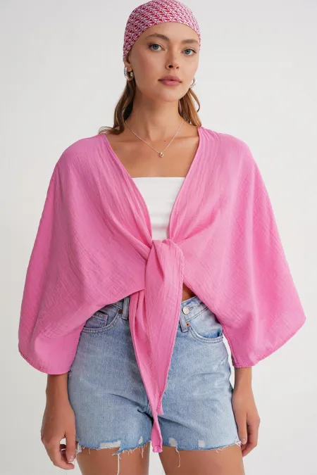 Kadın Pembe Yarasa Kol Ön Bağlamalı Gömlek